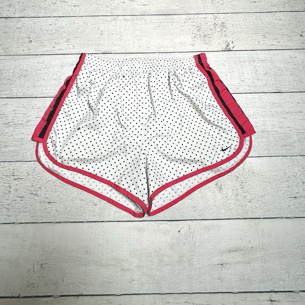 Nike Dri-FIT Womens Running Shorts White Polka Dot Pink Trim 144172-112 L